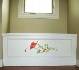 Hand painted poppies on window seat.