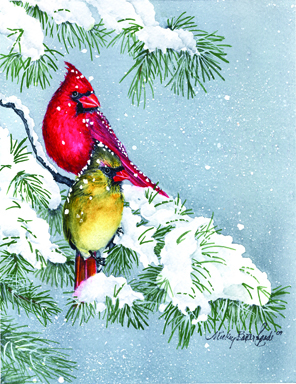 Snow Covered Cardinals in Watercolor