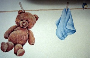 Scowling Teddy Bear on Clothesline