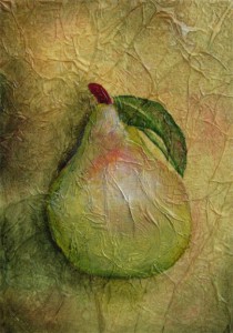 Photo of painting of a green pear.