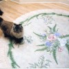 Photo of hand painted rug on floor.